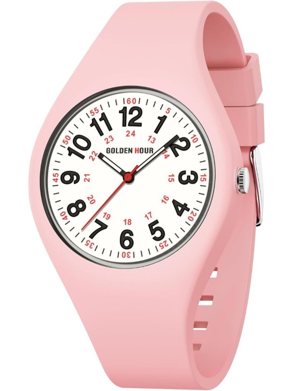 Unisex Light Pink White Military Time Easy to Read Dial Silicone Strap Watches